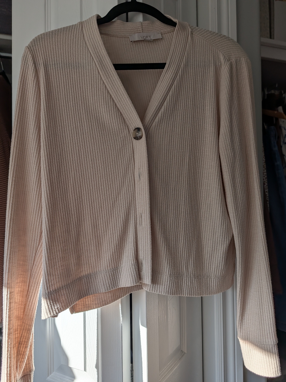 LOFT Cream Ribbed V-Neck Button Front Cardigan